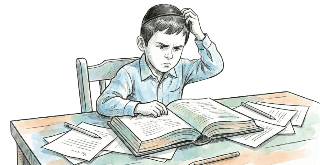 Young student struggling with homework and reading difficulties